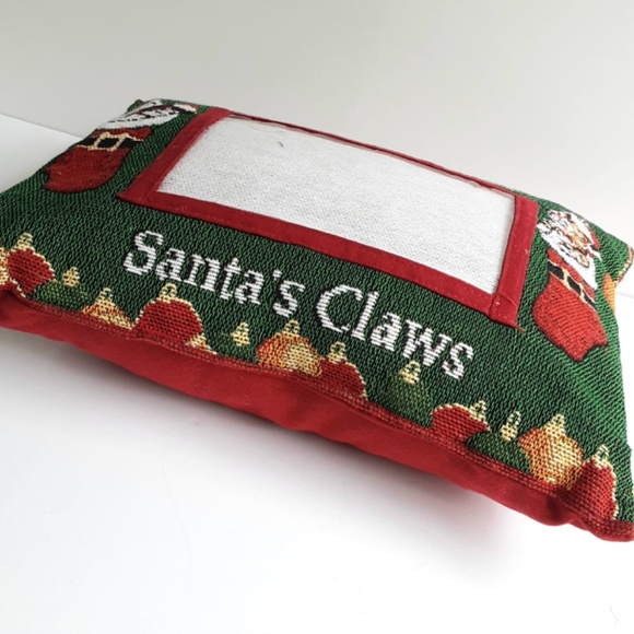 Christmas Photo Cat Pillow MEOW Santa's Claws 12x9 Green Red Tapestry - Picture 5 of 8